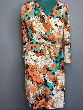 Anne Klein Floral Wrap Midi Dress Bold Orange Teal Print Flowy Size XL